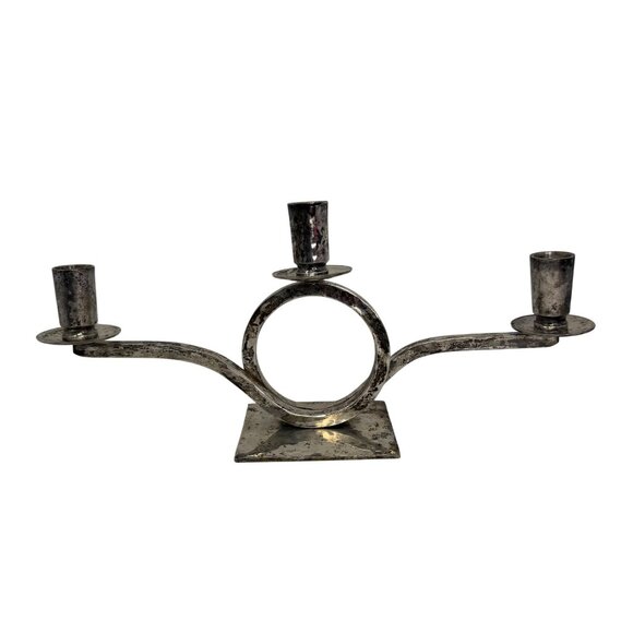 Vtg Art Deco Silver Plated Candelabra Mid Century Hammered Silver Candle Holder - Picture 7 of 8